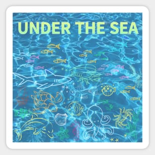 under the sea,blue sea,sea creatures,Turtle, puffer fish, starfish, shrimp, shark, tropical fish, sea horse, seaweed, sardines, squid, crabs, clams Sticker